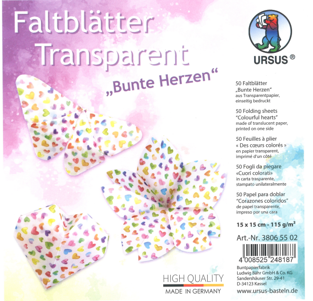 Faltblätter Transparent «Bunte Herzen»,  15 x 15 cm, einseitig bedruckt, 50 Blatt 225 g/m2