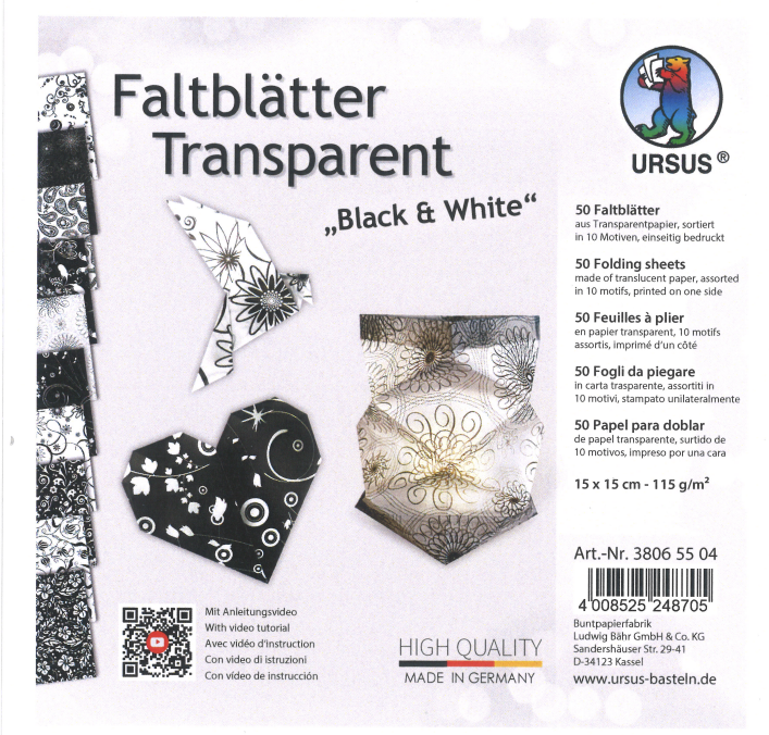 Faltblätter Transparent «Black & White»,  15 x 15 cm, einseitig bedruckt, 50 Blatt 115 g/m2