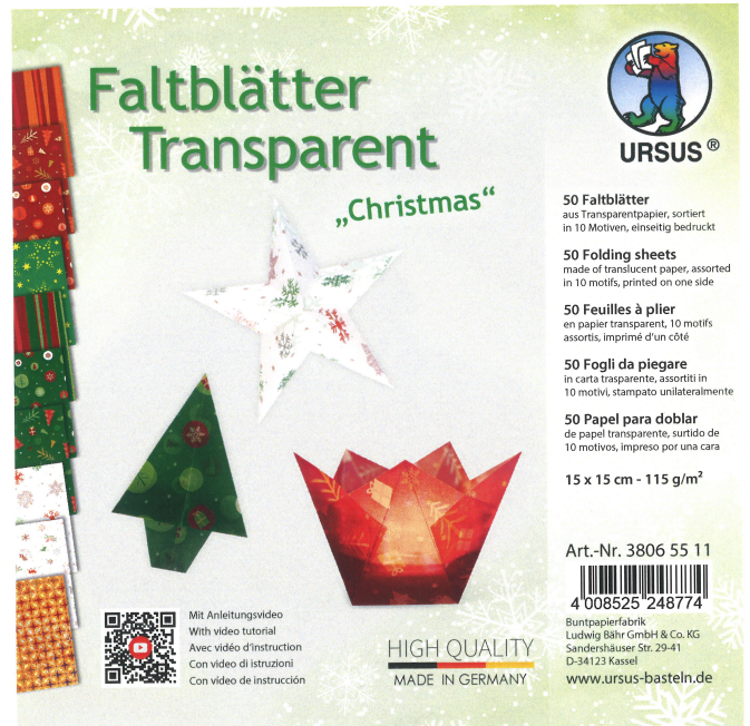 Feuilles à plier en papier transparent «Christmas» 15 x 15 cm, 50 feuilles 225 g/m2