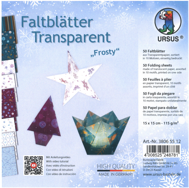 Faltblätter Transparent «Frosty»,  15 x 15 cm, einseitig bedruckt, 50 Blatt sortiert in 10 Motiven 225 g/m2