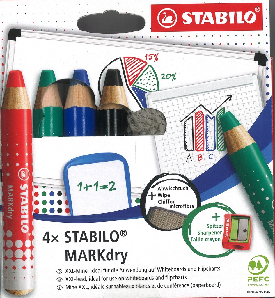 STABILO MARKdry, 4er Pack mit Spitzer und Abwischtuch