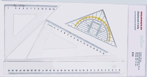 [69.005] Zeichenset 4-teilig bestehend aus: Lineal 30 cm, Geometriedreieck 16 cm, Winkel 45° 21cm, Winkel 60° 21 cm