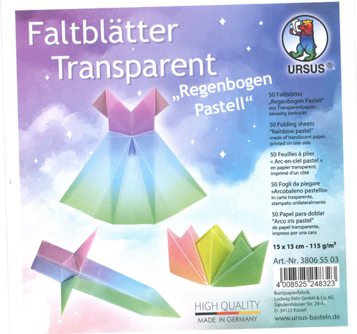 [94.166] Faltblätter Transparent «Regenbogen Pastell»,  15 x 15 cm, einseitig bedruckt, 50 Blatt 225 g/m2