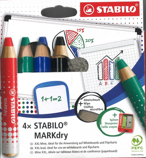 [61.260] STABILO MARKdry, 4er Pack mit Spitzer und Abwischtuch